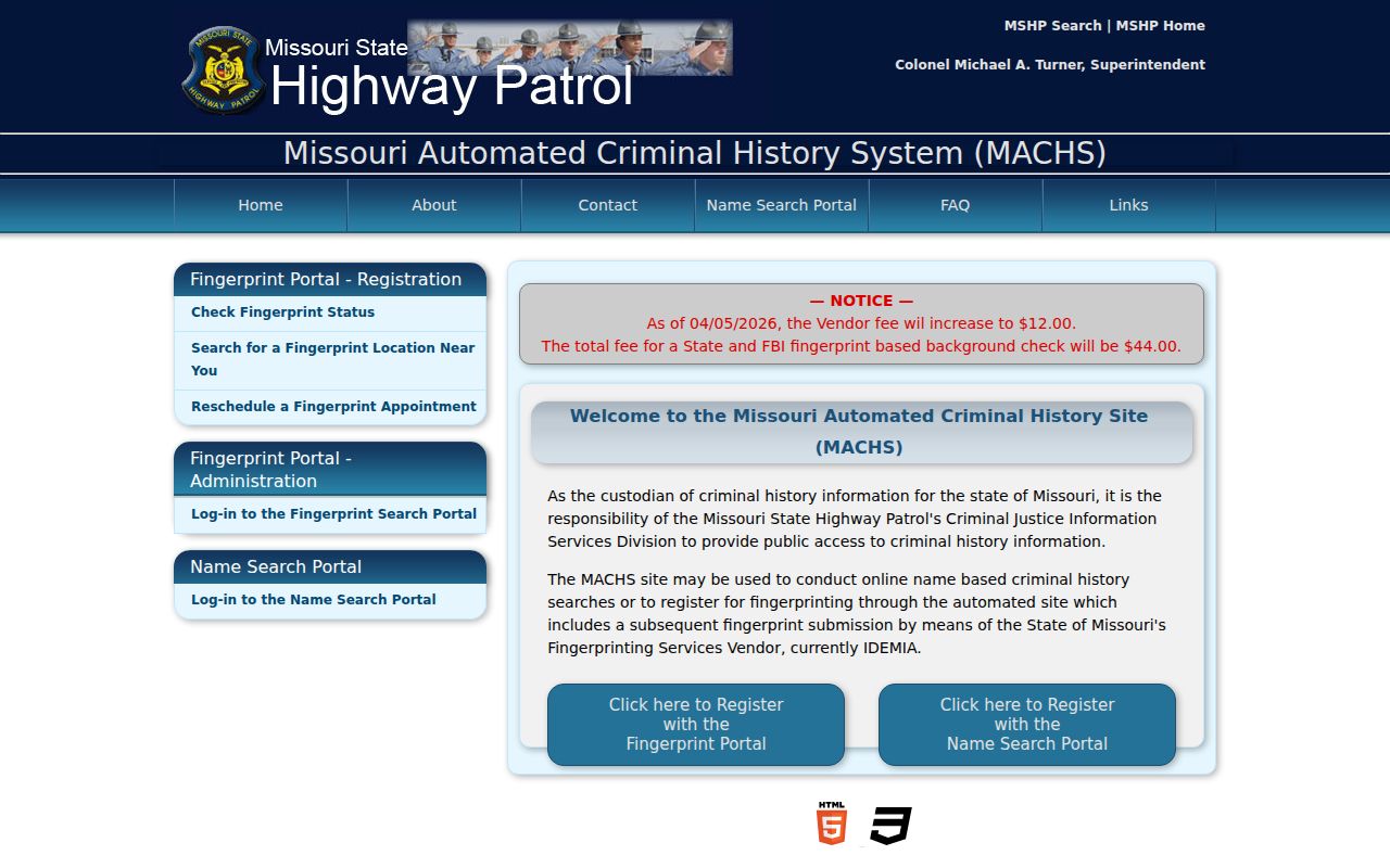 Saline County criminal history options in the Missouri MACHS portal